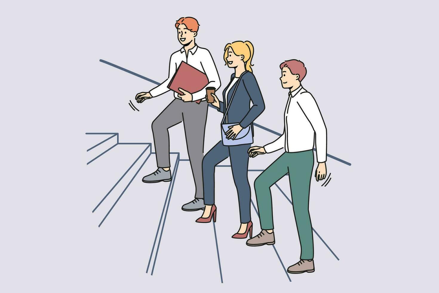 Smiling businesspeople walking stairs to office after coffee break. Happy employee going to workplace together. Teamwork and company. Vector illustration.