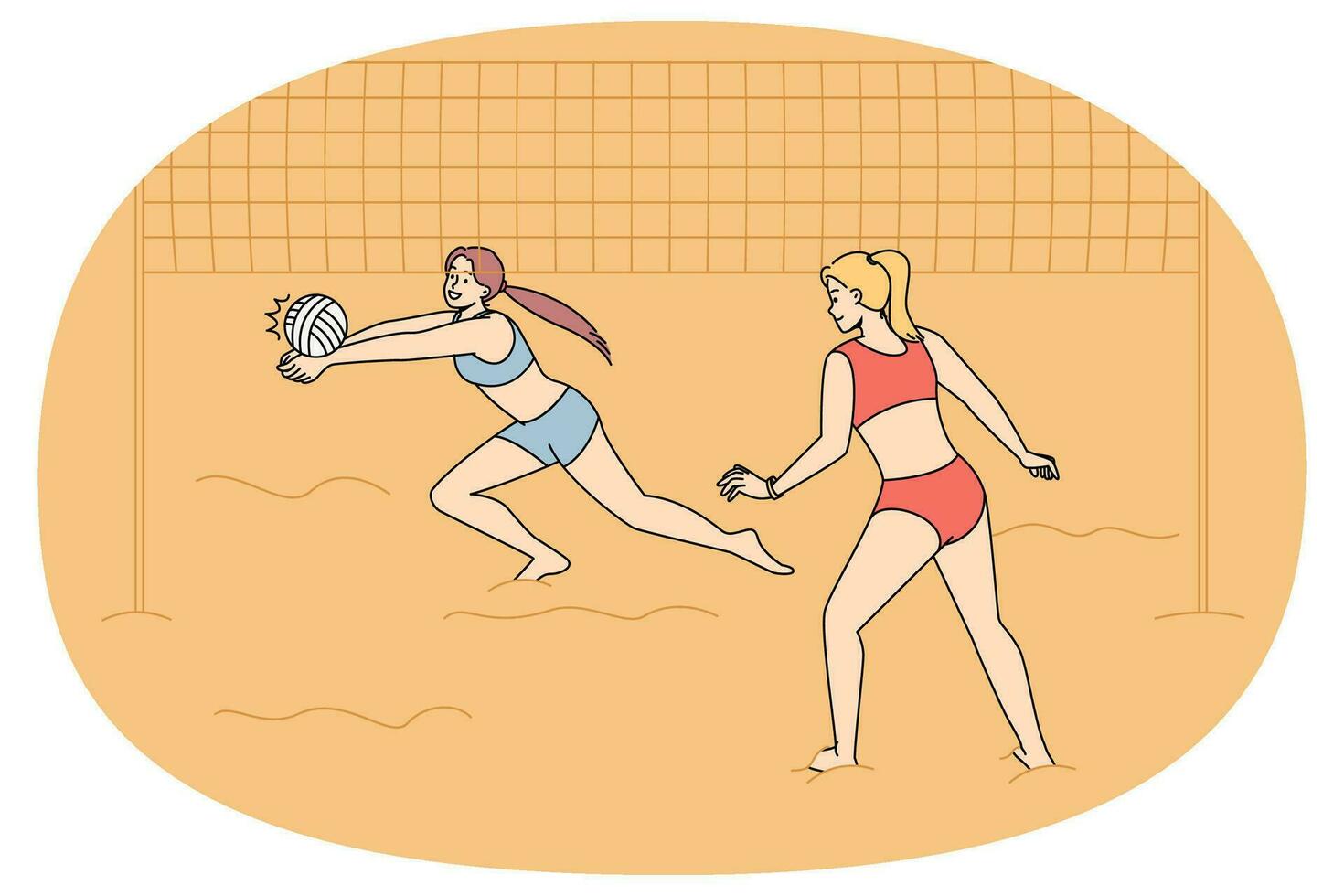 mujer en bikini jugando vóleibol en playa vector