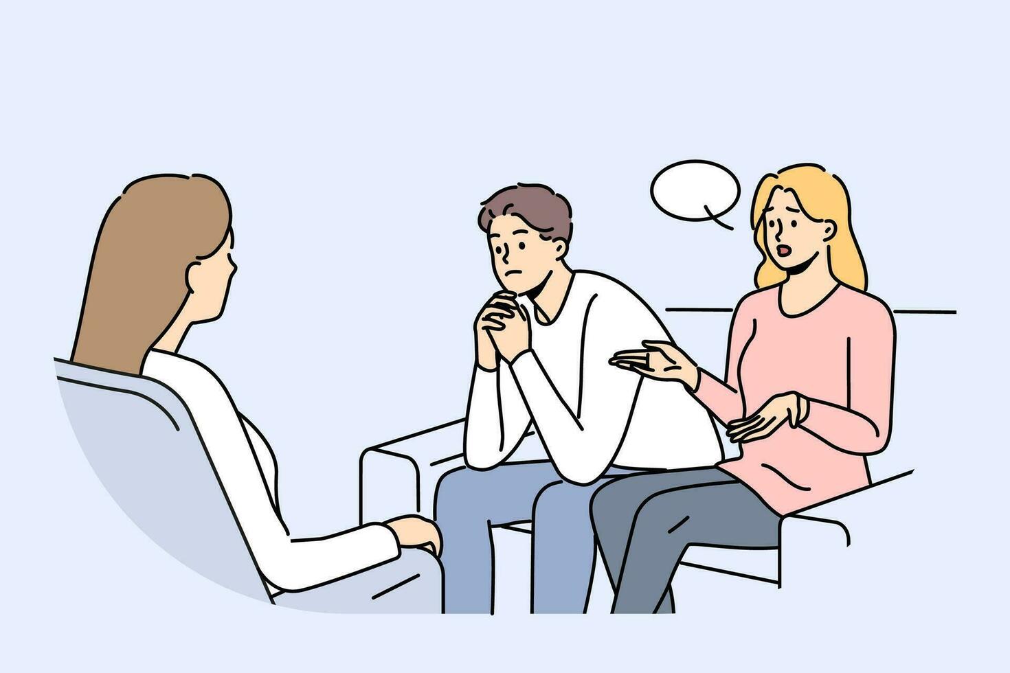 Couple at family therapist in office, sitting on couch talking about problems and quarrels. Woman family therapist helps people get rid of conflicts and misunderstandings in their life together vector