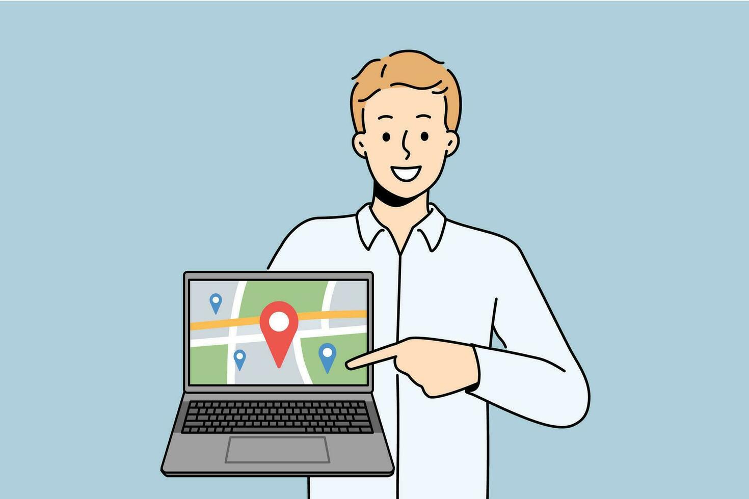 sonriente hombre demostración ubicación etiqueta en mapa en computadora pantalla. contento masculino demostrar GPS rastreador en digital mapa en ordenador portátil. vector ilustración.