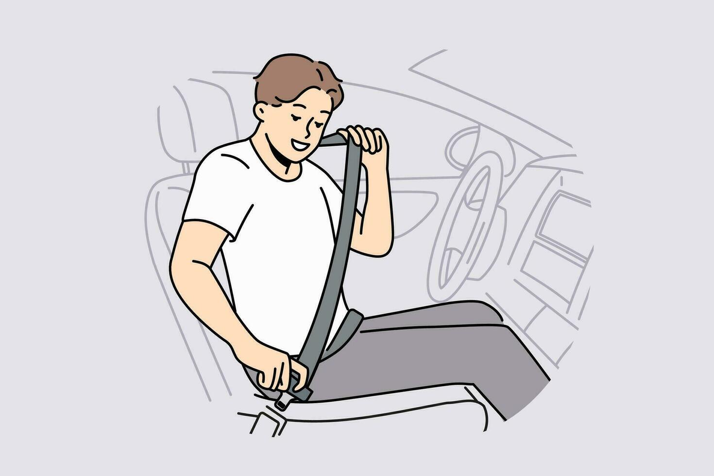 Smiling man putting protection belt sitting in car. Happy guy fasten seatbelt in automobile. Safety on road. Vector illustration.