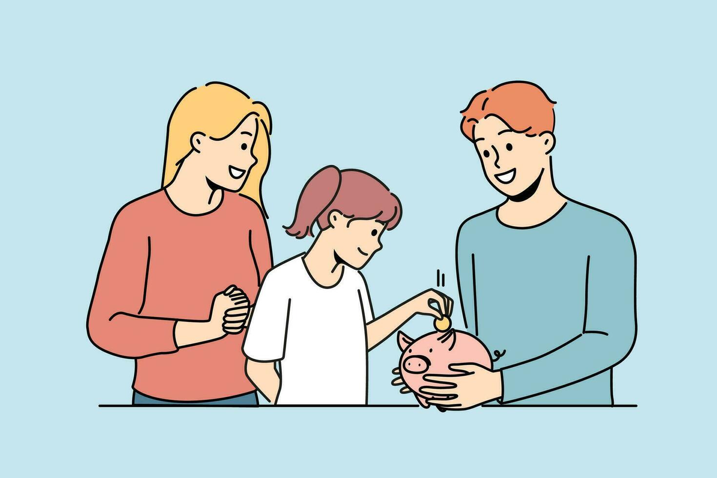 Smiling parents teach small child saving money in piggyback. Happy mother and father manage budget with little kid. Investment and expenses management. Vector illustration.