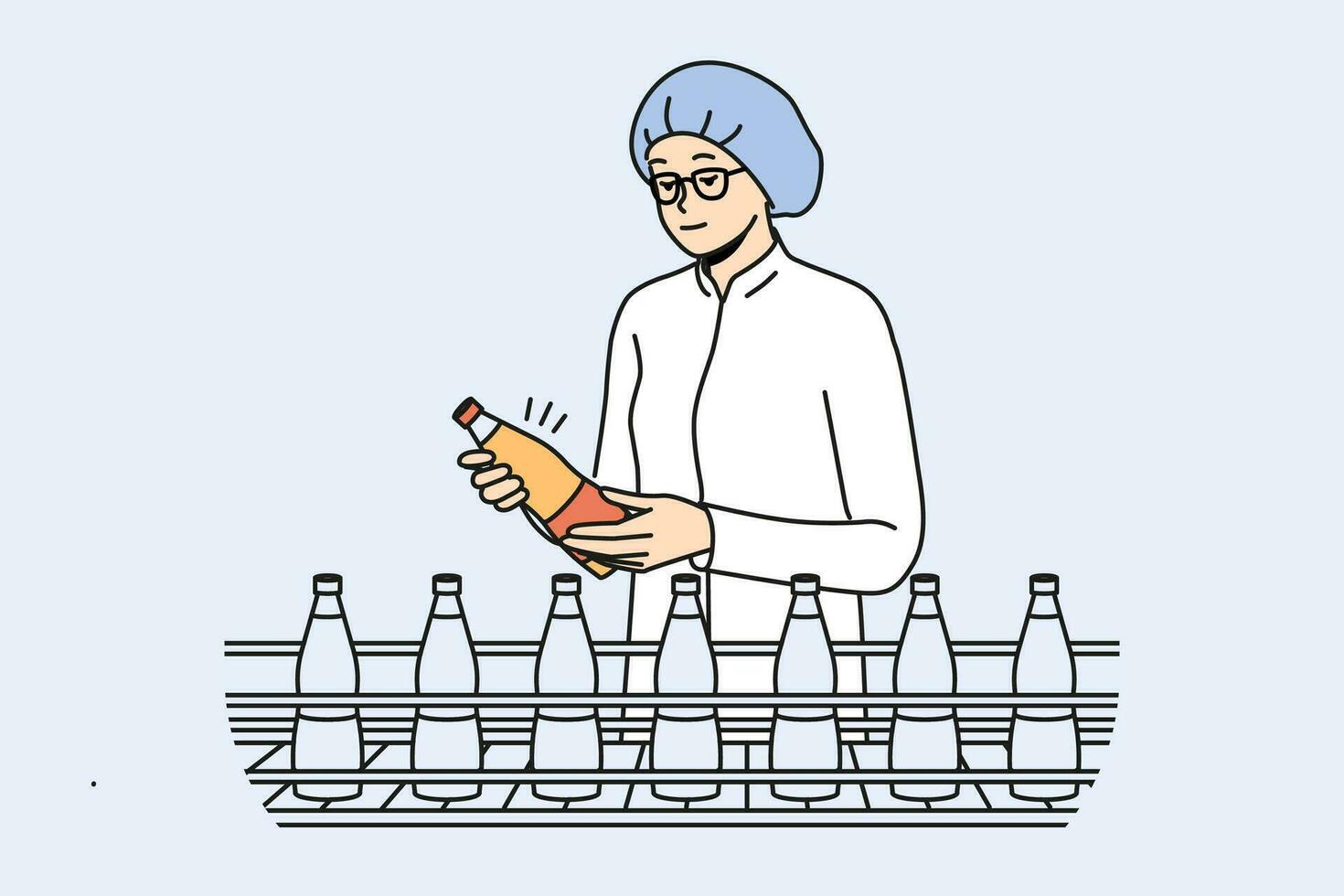 Female worker in uniform and headwear checking bottles on production line on factory. Woman employee control juice or milk quality at plant. Vector illustration.