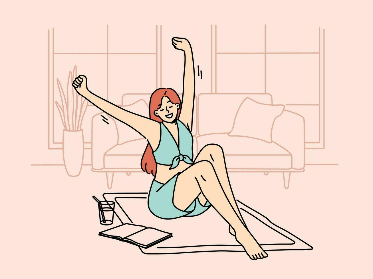 Happy woman stretching on mat at home floor reading book enjoying cold drink. Smiling girl relaxing in apartment on weekend. Vector illustration.