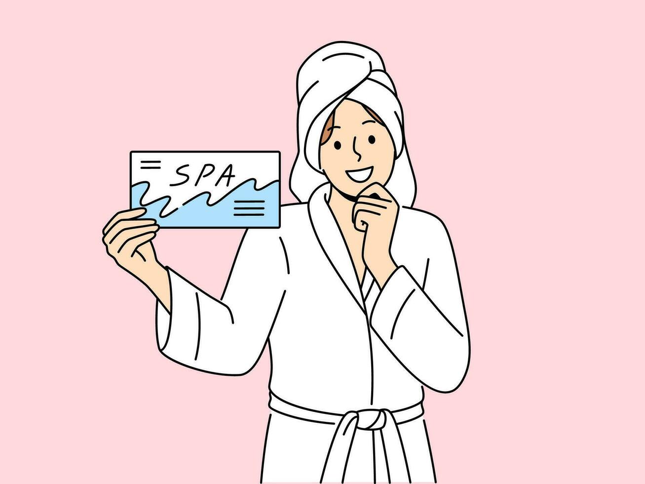 Smiling woman in bathrobe and towel on head holding spa center certificate. Happy female use beauty salon voucher for skincare procedures. Vector illustration.