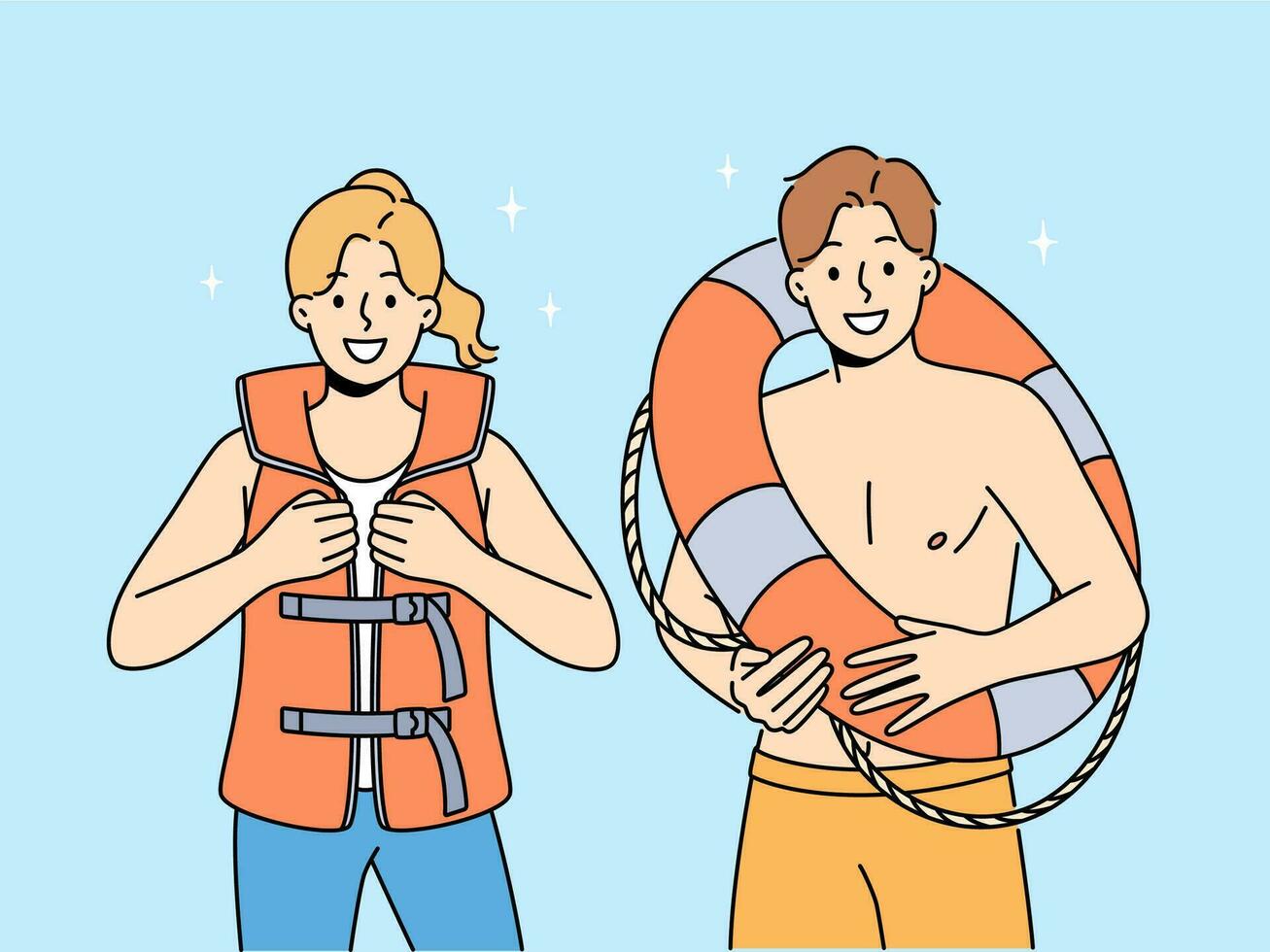 Smiling people in lifejacket and lifebuoy working on seashore. Happy lifeguards in inflatable vest and ring. Life saving and occupation. Vector illustration.
