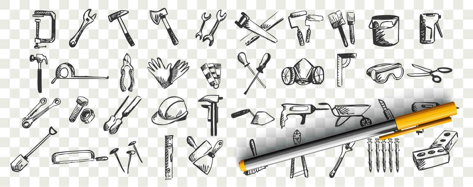 Repairs doodle set. Collection of hand drawn patterns sketches templates of working tools and instruments screwdriver drill spatula on transparent background. Maintenance equipment illustration. vector