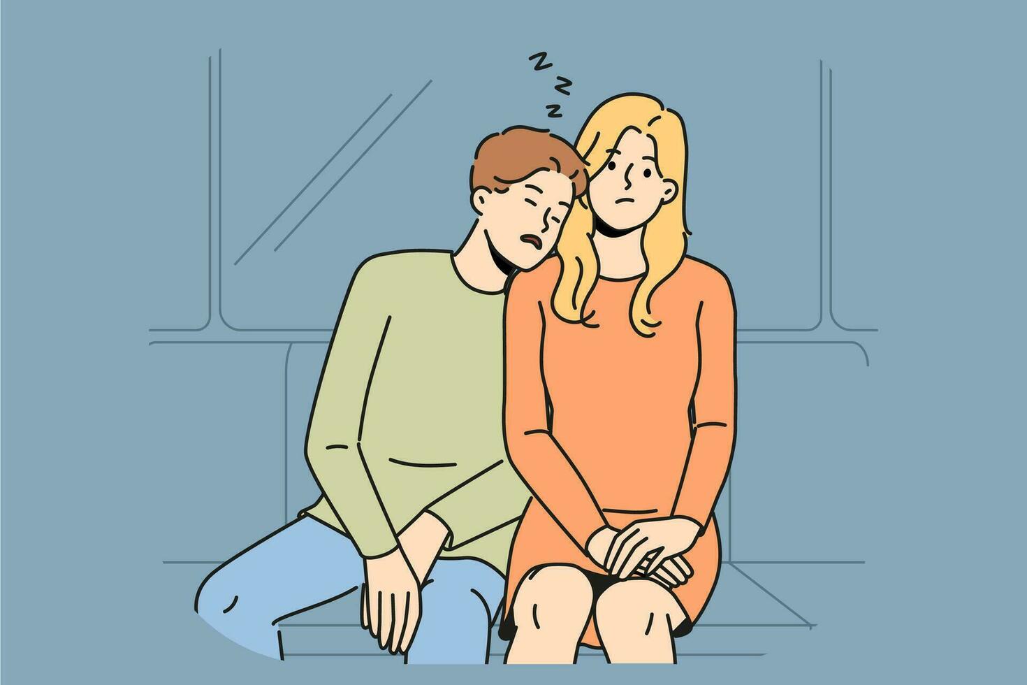 Subway passenger sleeps on shoulder of woman embarrassed by tactlessness of unfamiliar guy invading personal space. Man and girl, tired at work, ride in subway car or ground electric train vector