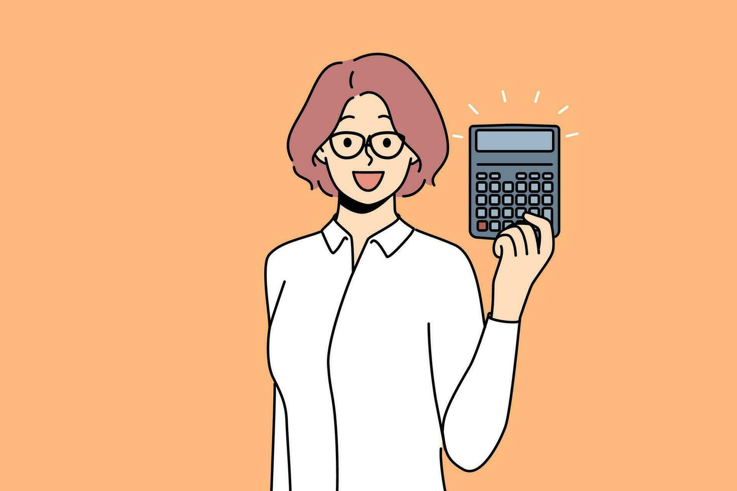 Woman accountant with calculator for calculating tax on company profits. Businesswoman or professional auditor recommends using calculator to avoid errors in corporation balance sheet. vector