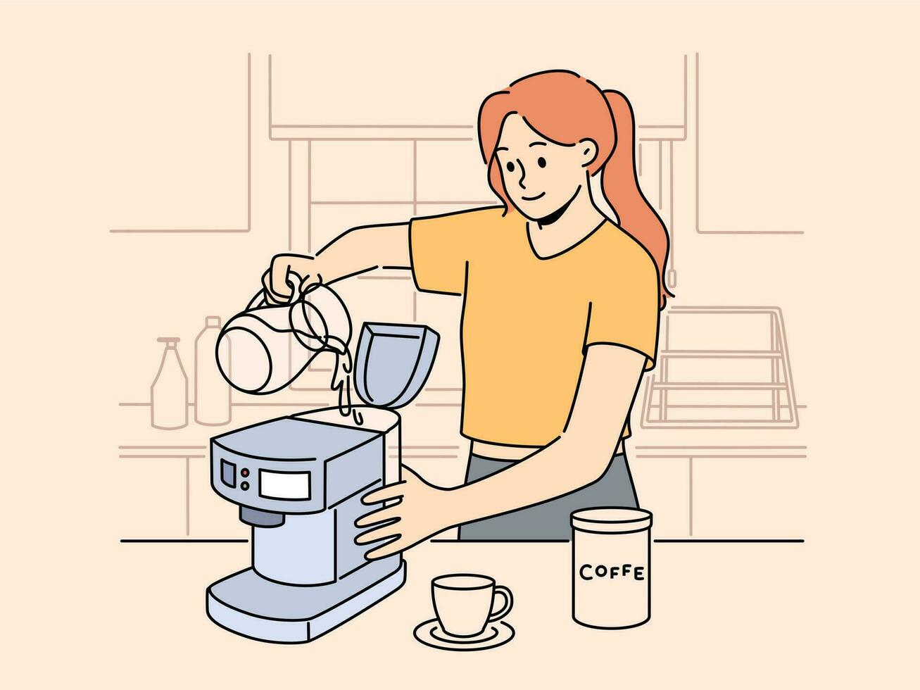Smiling woman pour water in machine making coffee in device. Happy female prepare gadget for coffee making at home. Technology concept. Vector illustration.