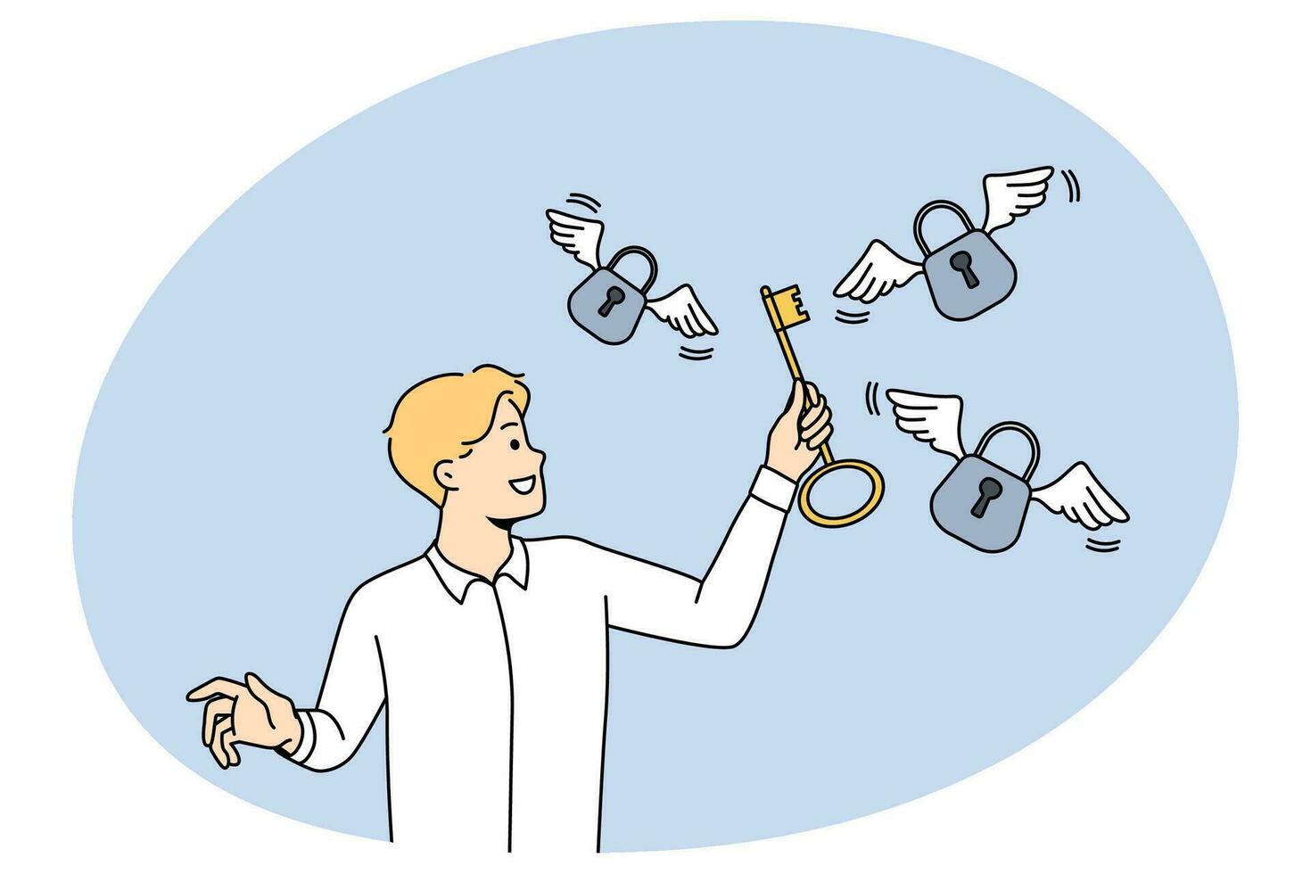 Smiling businessman with key to padlocks vector