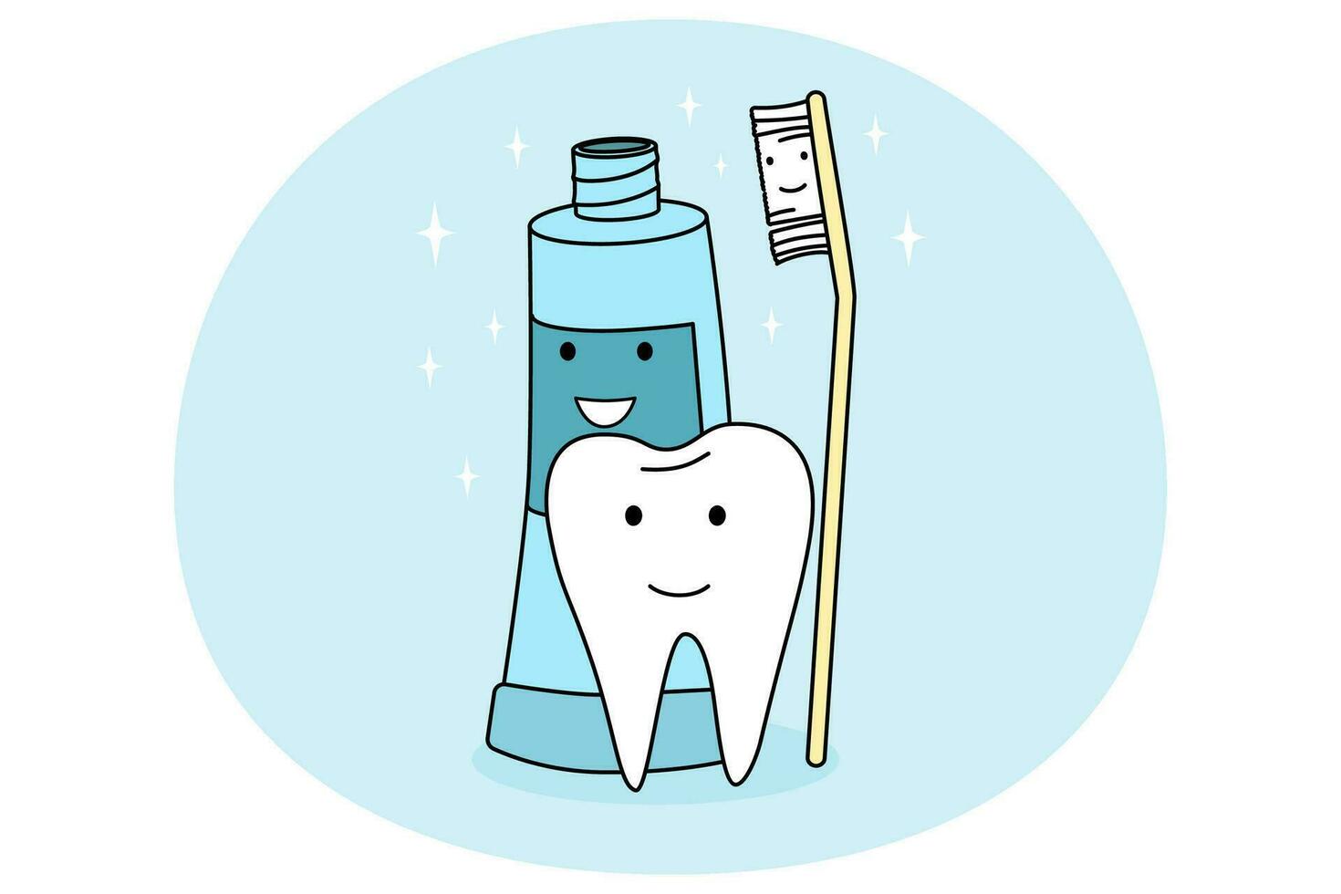 sonriente diente, cepillo de dientes y pasta dental sensación positivo vector