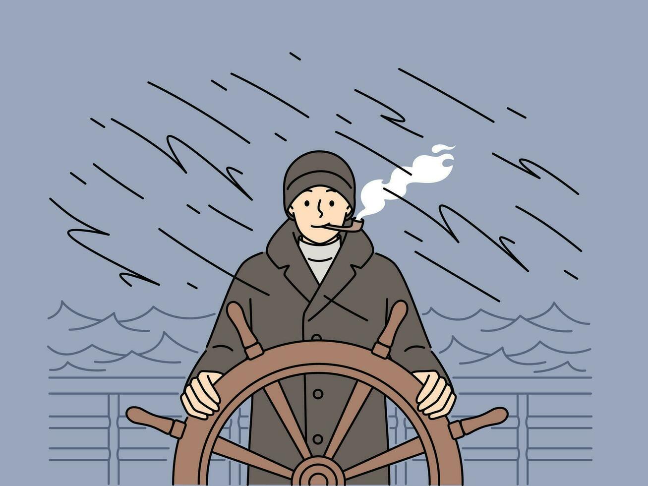 capitán en ropa de calle en pie a Embarcacion direccion rueda de fumar tubo. sonriente hombre navegación en Oceano en tormenta. marina vida. vector ilustración.