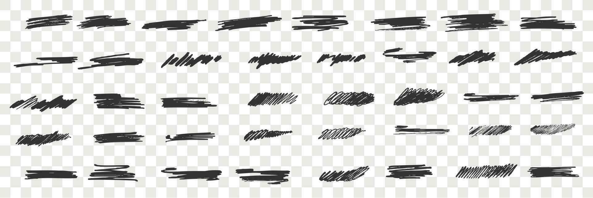 Brush hand drawn scribbles doodle set. Collection of brush lines daubs on transparent background. Pen pencil ink smearing sketches illustration. vector