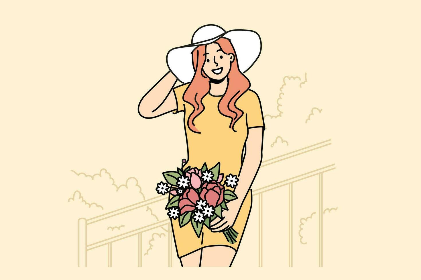 Smiling woman in hat posing with flowers on stairs. Happy girl holding bouquet enjoy summer day. Vector illustration.