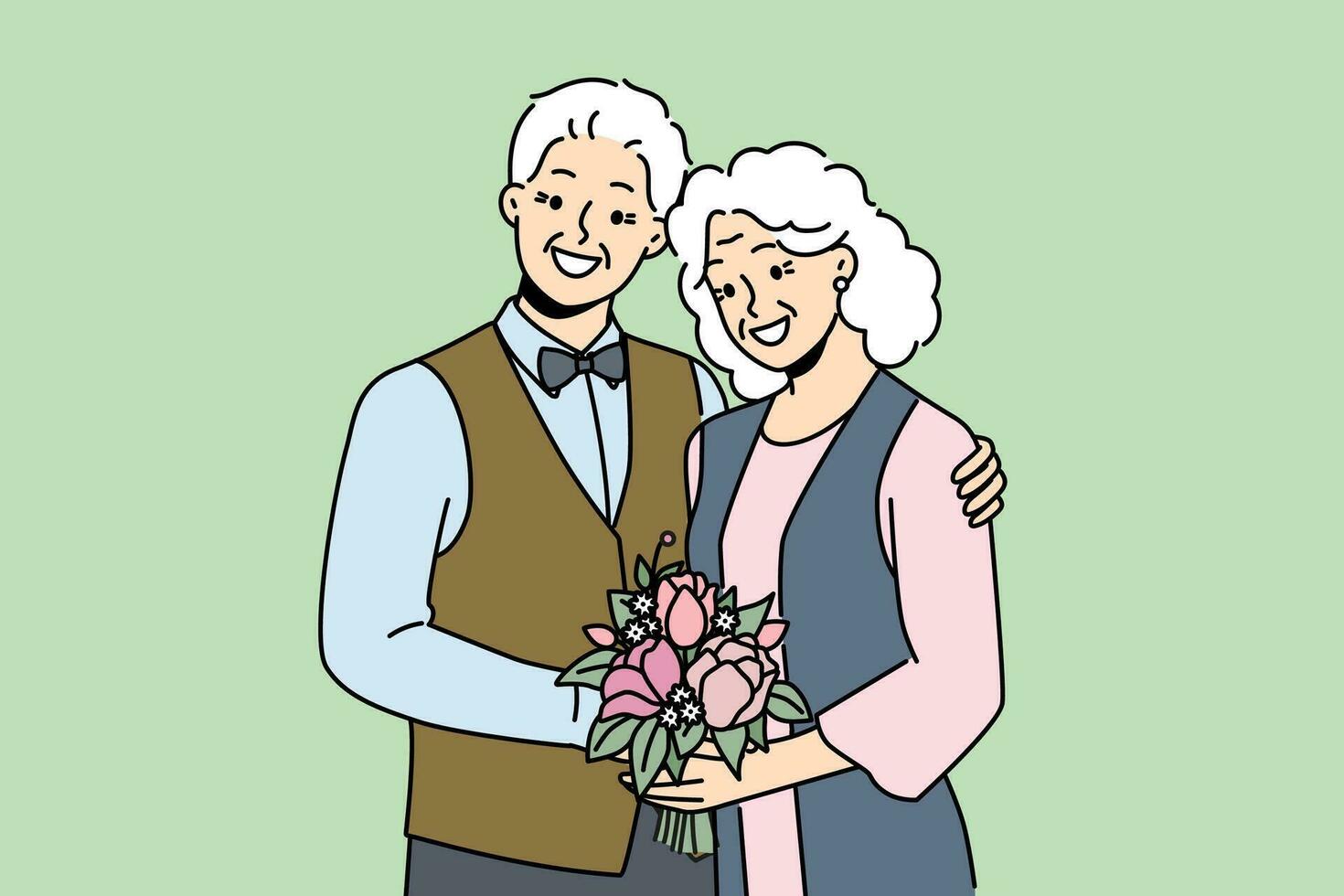 Elderly couple in love smiles rejoicing at happy family life, poses for picture on eve of golden wedding. Elderly family of man and woman hugging each other, looking at screen and laughing vector