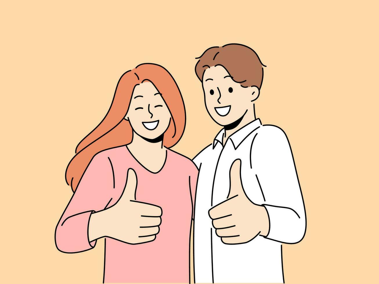 sonriente Pareja demostración pulgares arriba dar recomendación a bueno calidad servicio. contento hombre y mujer recomendar empresa a clientela. vector ilustración.