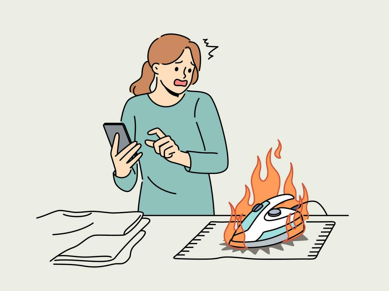 Distracted woman using cellphone burn clothes with iron. Scared housewife chatting on smartphone waste clothing with hot appliance. Vector illustration.