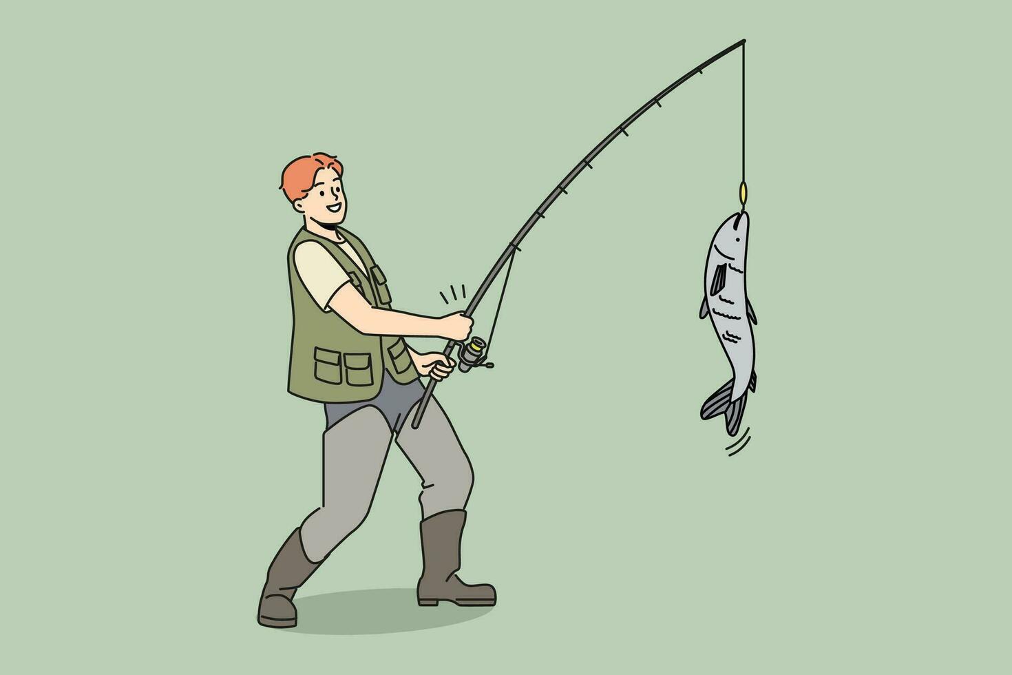 Smiling fisherman in uniform catching fish on rod. Happy male fisher in khaki clothes fishing on summertime. Hobby and leisure. Vector illustration.