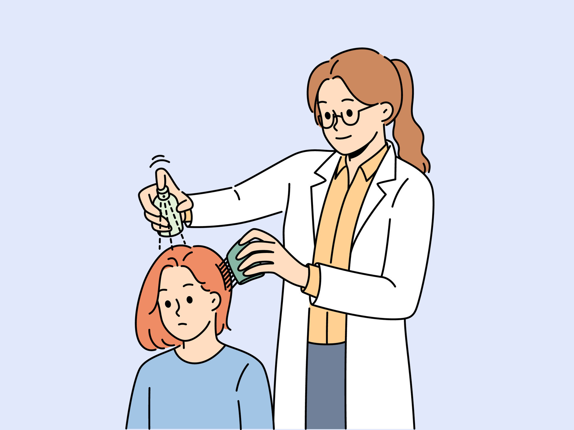 Girl with lice in hair at doctors appointment using spray and comb to