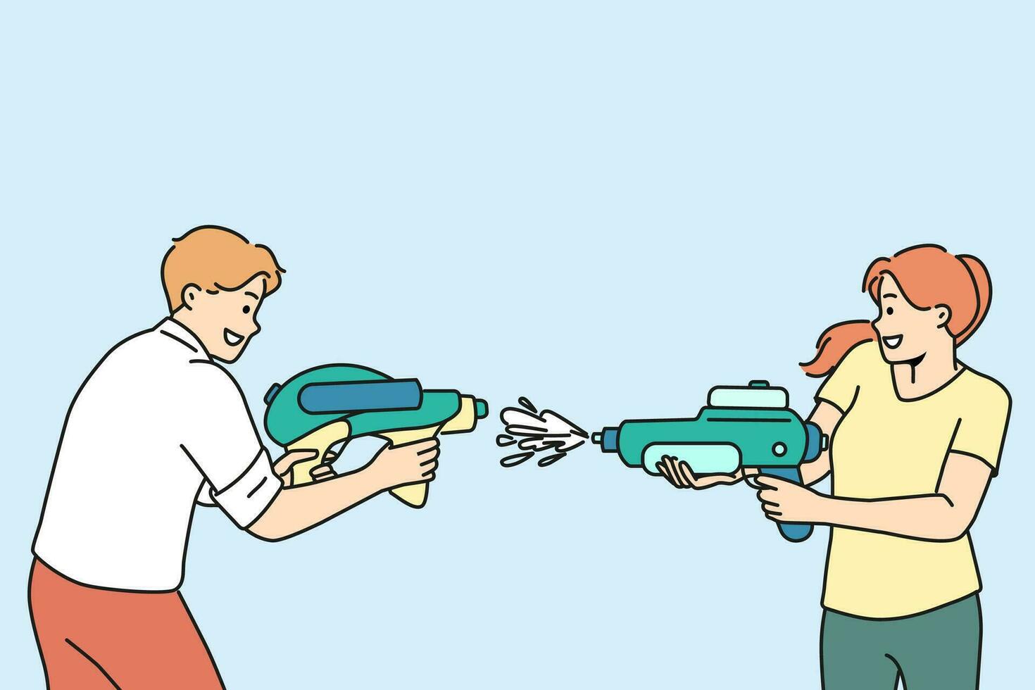 contento Pareja disparo con agua armas sonriente hombre y mujer tener divertido con el plastico pistola de agua juguetes entretenimiento y ocio. vector ilustración.