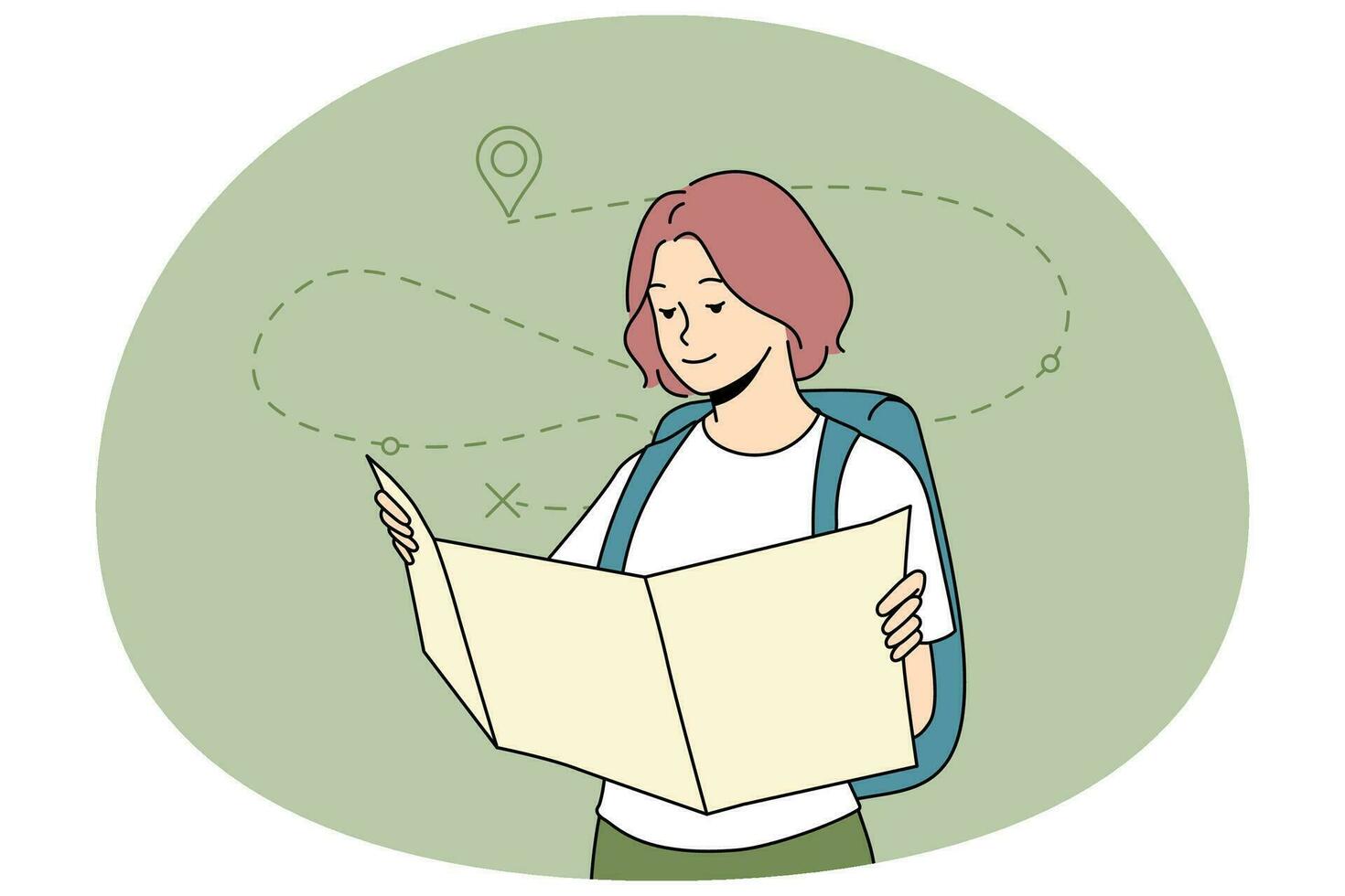 mujer mirando a mapa planificación viaje vector