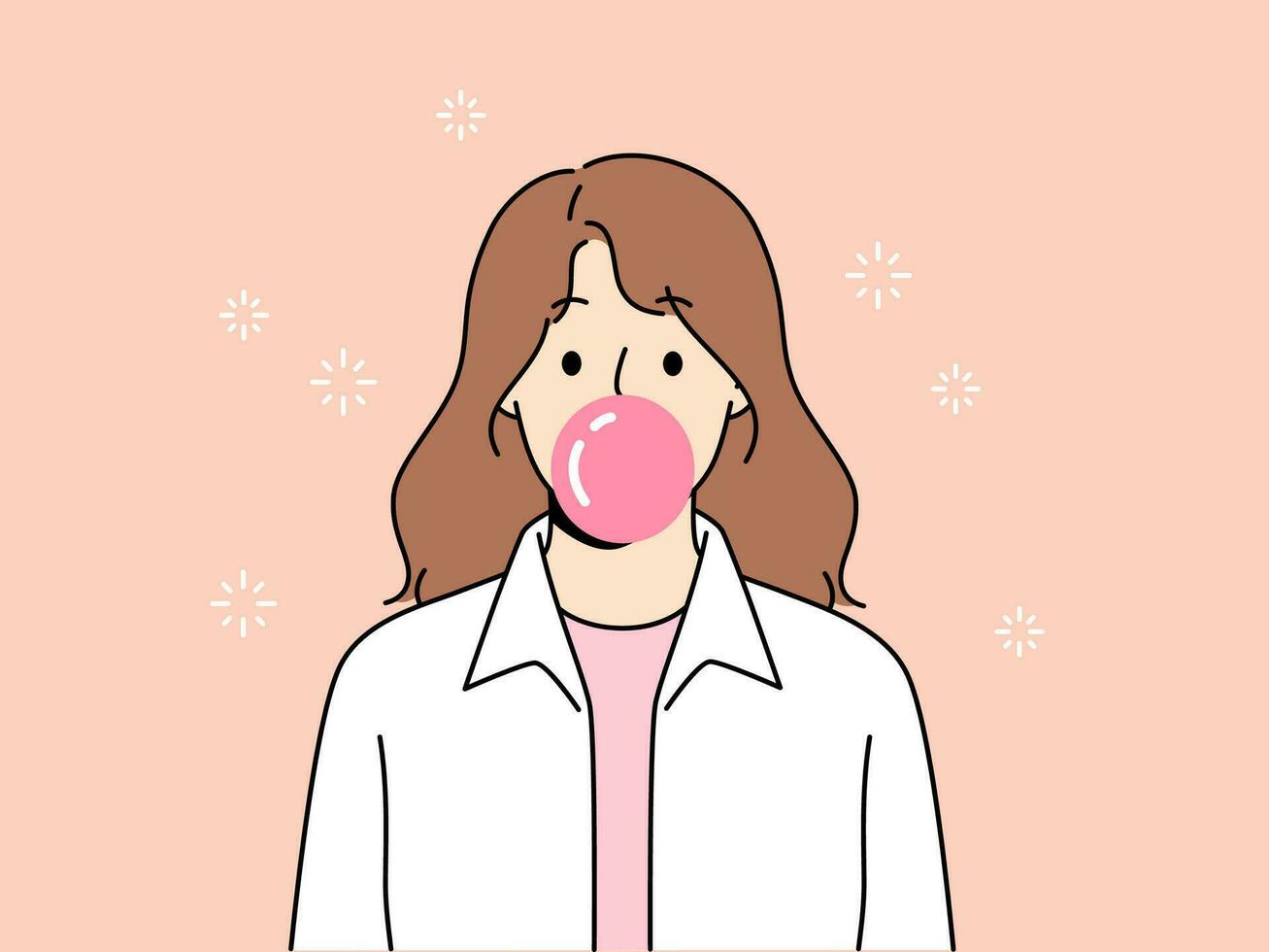 Smiling girl blow bubble from gum. Happy child with pink bubblegum. Fun and childhood. Vector illustration.