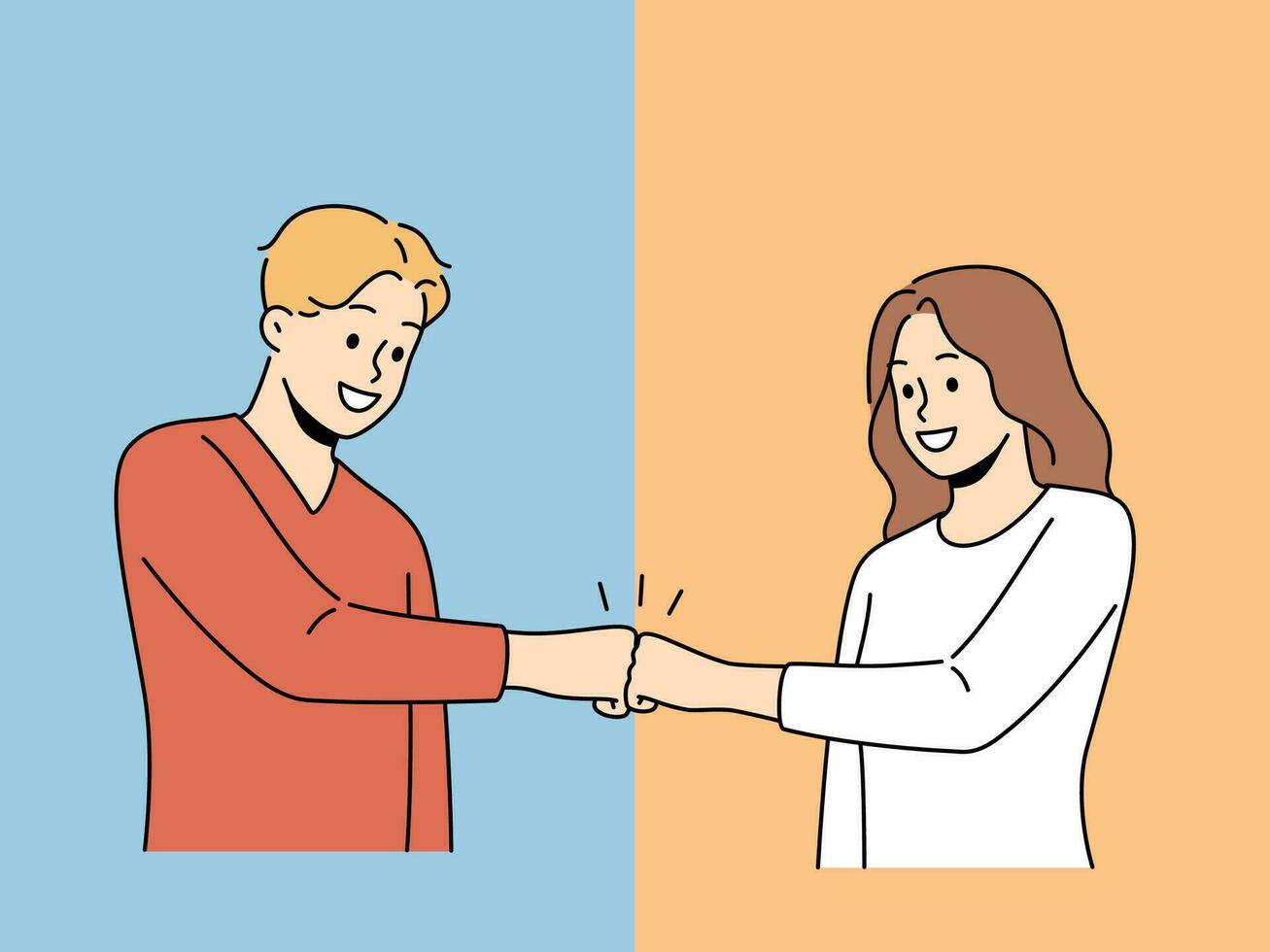 Smiling man and woman give fists bump engaged in teamwork. Happy couple male gesture greeting or making deal. Cooperation. Vector illustration.