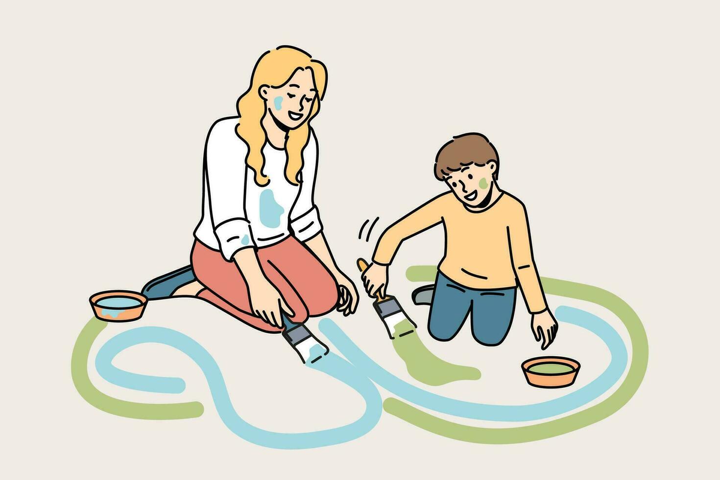 Smiling mother and son painting on ground together. Happy mom and child have fun drawing with paints on street. Motherhood concept. Vector illustration.