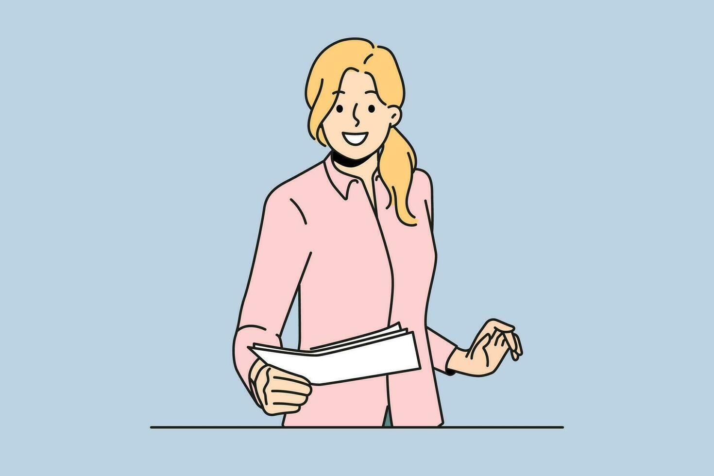 sonriente hembra empleado entregar papeleo en oficina. contento empleado pasar documentos a lugar de trabajo. vector ilustración.