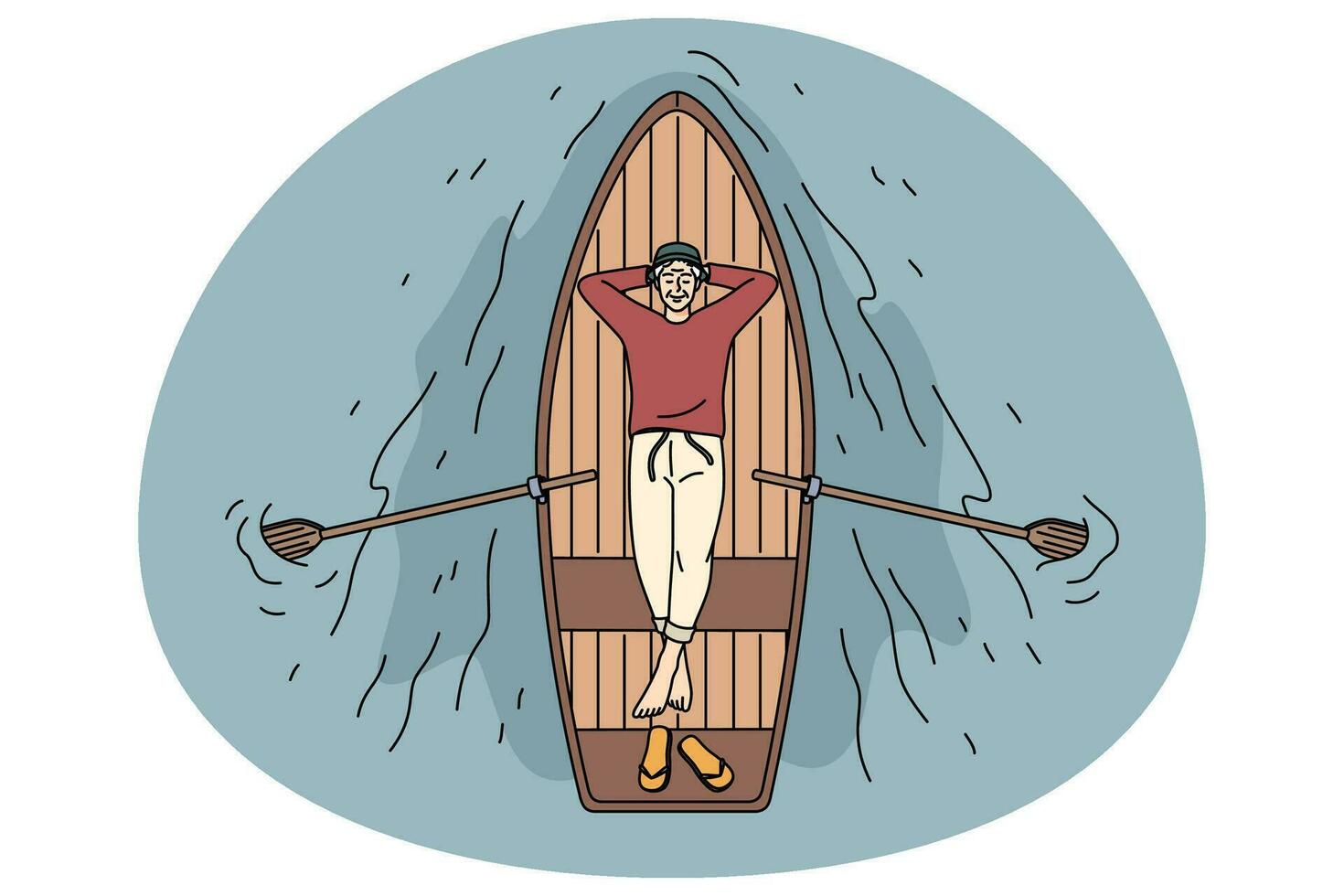 Happy old man lying relaxing in boat vector