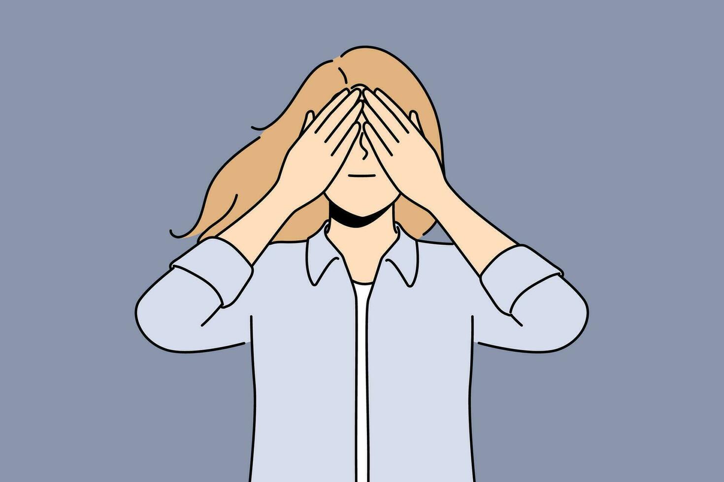 Woman closes eyes in anticipation of surprise or playing with small child. Young girl closes eyes and acts up not wanting to see unpleasant things or trying to hide in order to avoid stress. vector