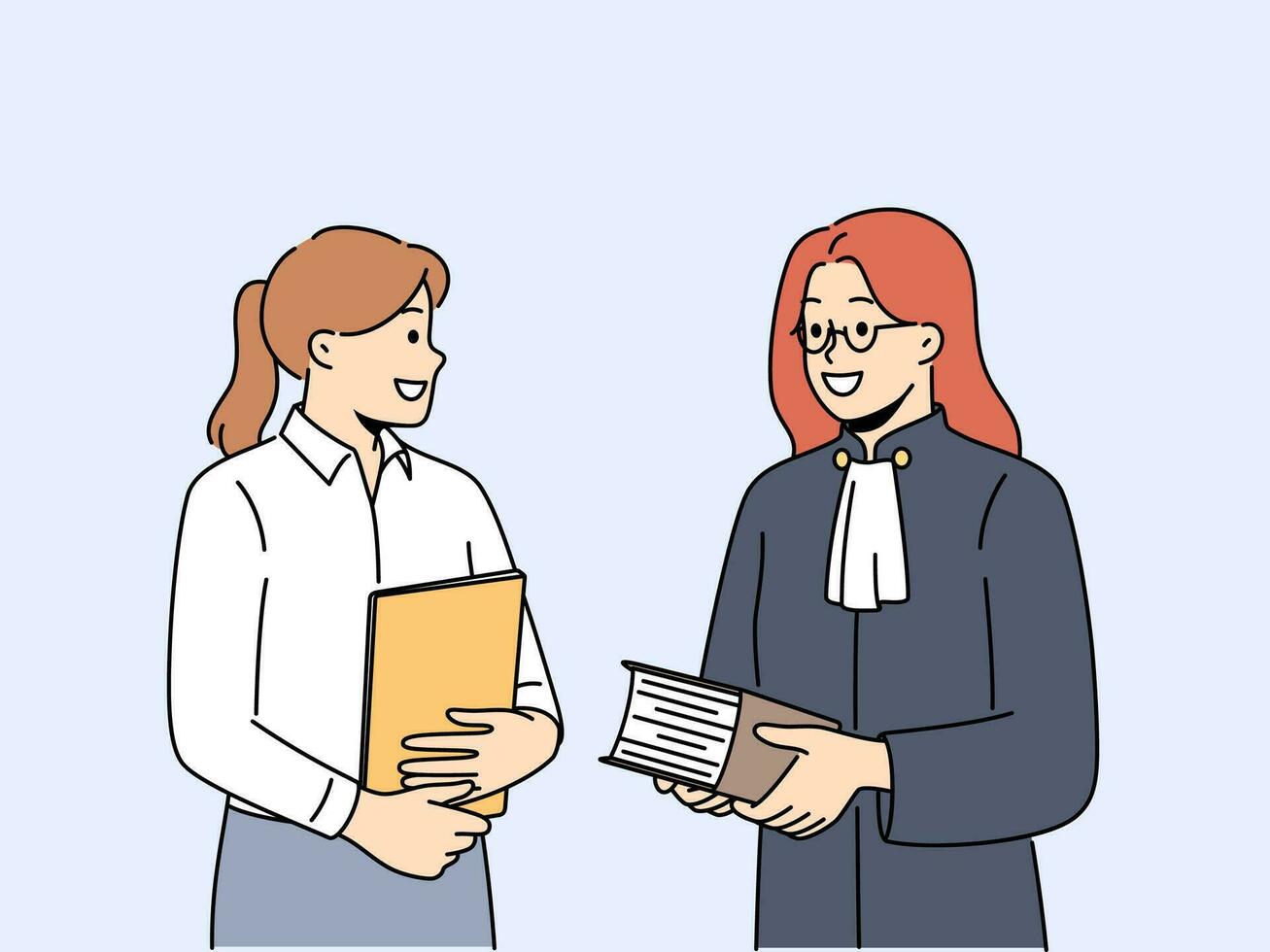 Smiling female lawyer and paralegal with folders in office. Happy woman judge with assistant holding documents in court. Vector illustration.