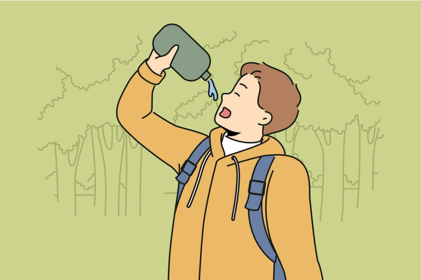 Man drinks water hiking in forest feeling thirsty after long walk through wilderness area with trees. Young guy with flask is fond of hiking and travels in national nature reserve. vector