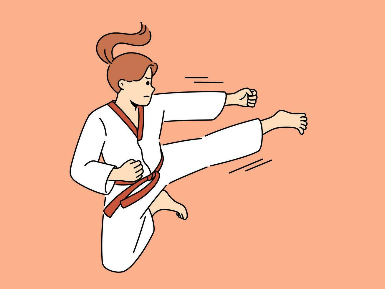 mujer en kimono hacer ejercicio kárate en anillo. fuerte poderoso niña en especial uniforme práctica marcial letras. deporte y pasatiempo. vector ilustración.