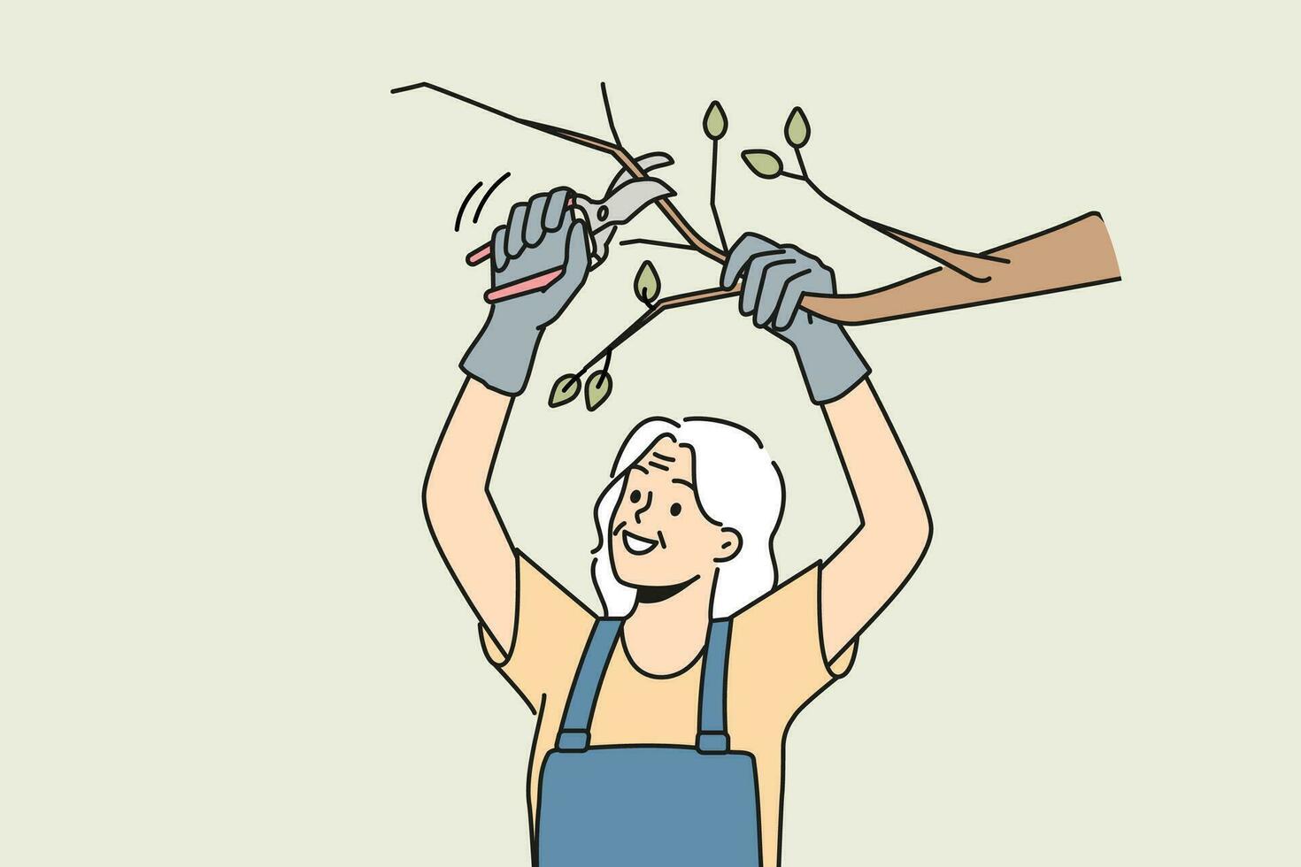 Old woman in uniform cutting branches on tree in garden. Smiling mature pensioner gardening take care of trees. Horticulture and elderly hobby. Vector illustration.