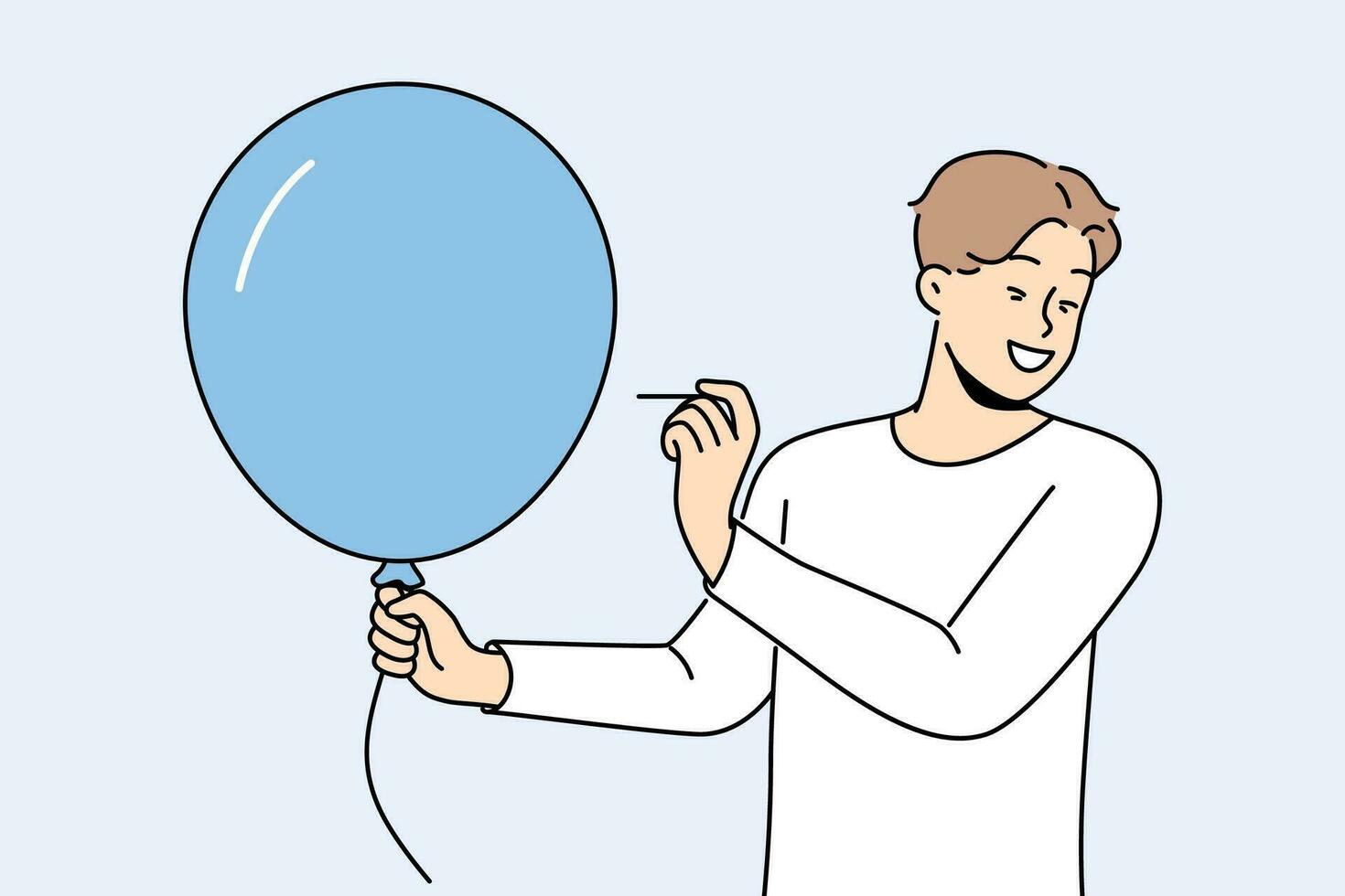 Man with balloon holds needle, wanting to make loud explosion to cheer people around. Happy guy dressed in casual style with blue balloon in hands makes prank to scare or amuse friends. vector