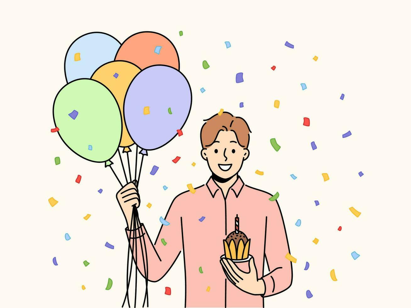 contento hombre con manojo de globos y magdalena con vela celebrar cumpleaños. sonriente chico con pastel tener divertido saludo con aniversario o especial ocasión. vector ilustración.