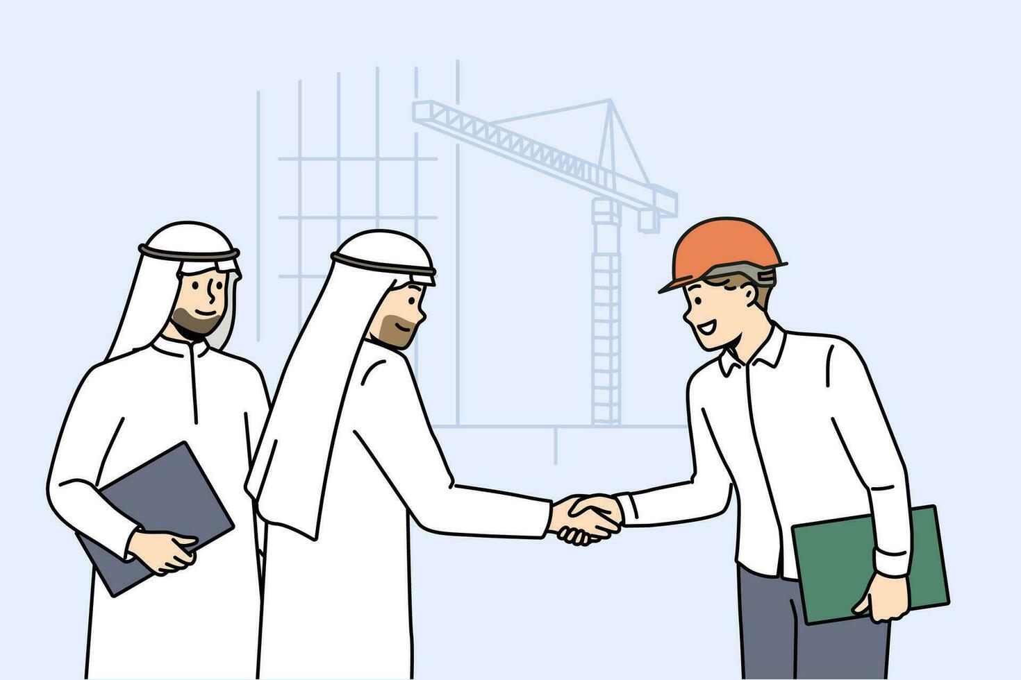 Handshake of arab businessmen and builder from architectural bureau standing near tower crane. Manager of international construction company makes important business deal with arab investors vector