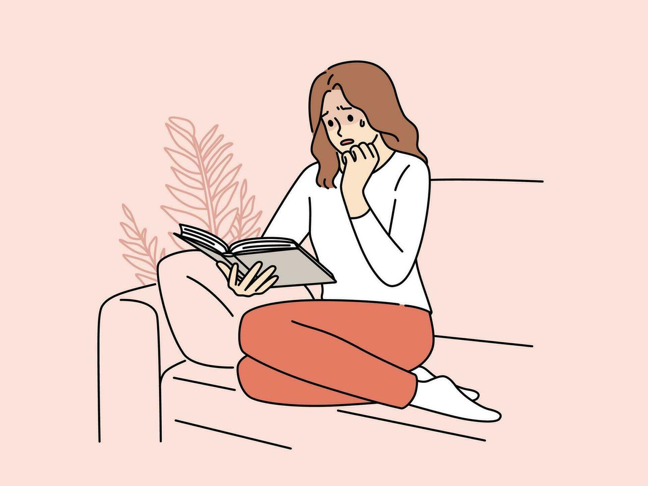 Woman sit on couch rad book crying. Unhappy girl feel emotion reading literature at home. Hobby and emotions. Vector illustration.