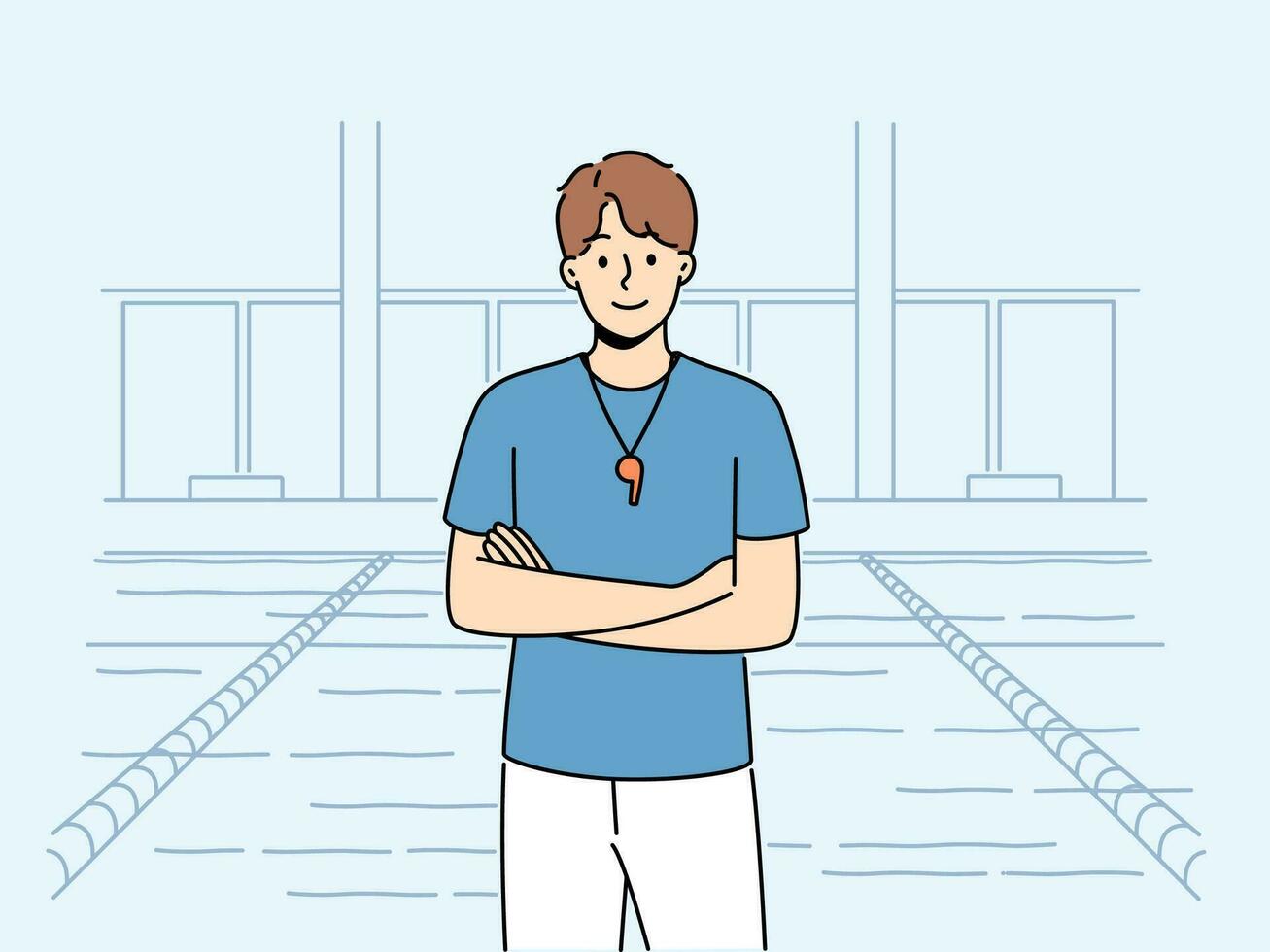 Smiling male swimming coach with whistle standing near pool. Happy lifeguard posing in swimming pool. Occupation concept. Vector illustration.