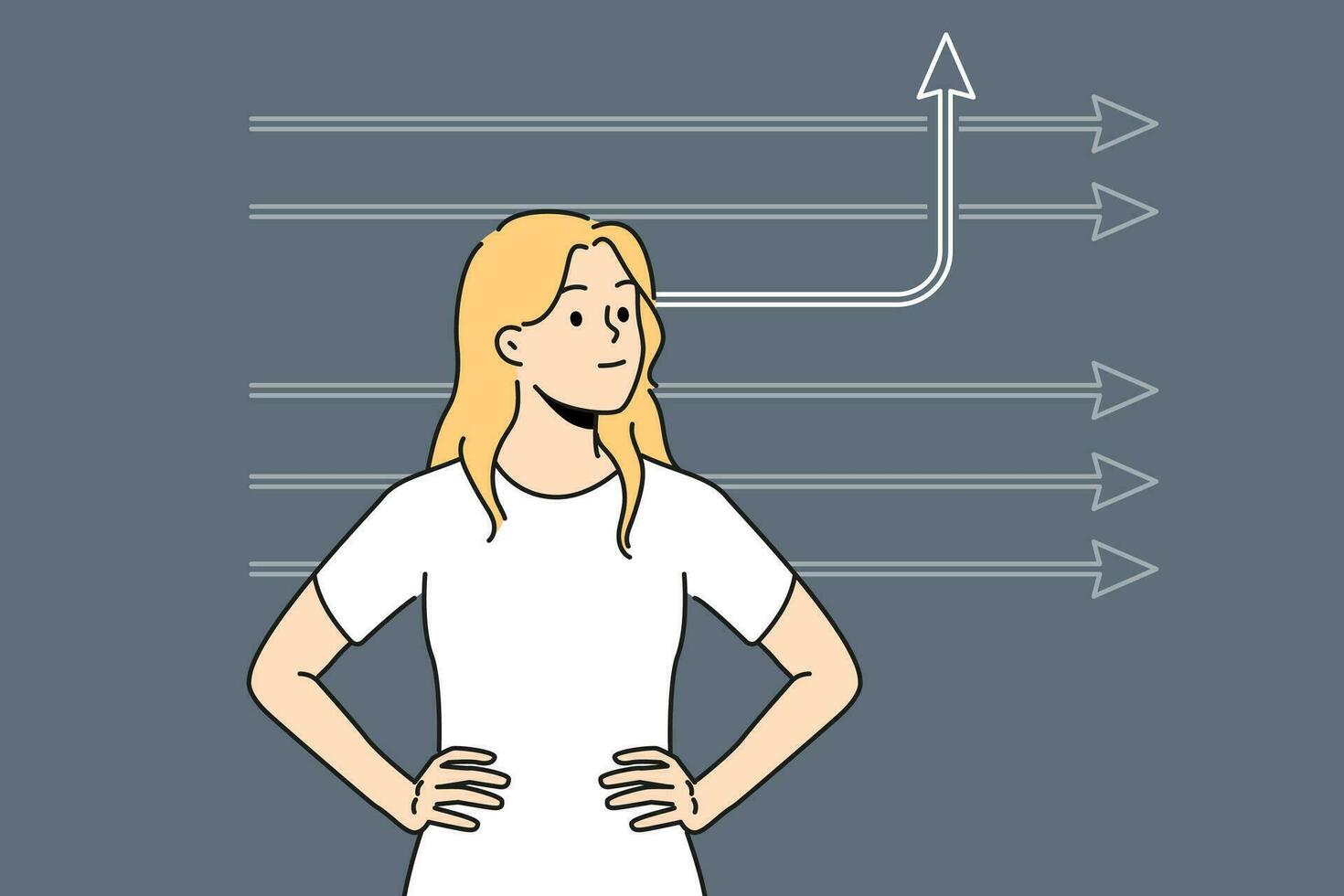 Determined female employee with numerous arrows think of creative ideas. Woman with one arrow changing direction. Creative thinking. Vector illustration.