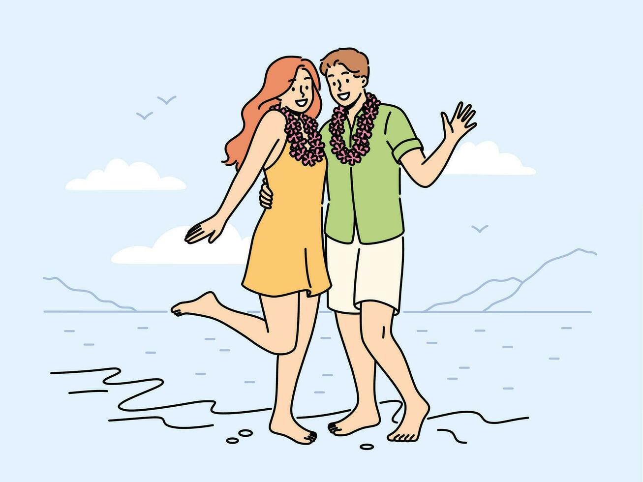 Smiling couple in flower wreaths on neck posing on beach on honeymoon. Happy man and woman enjoy summer vacation on seashore. Vector illustration.