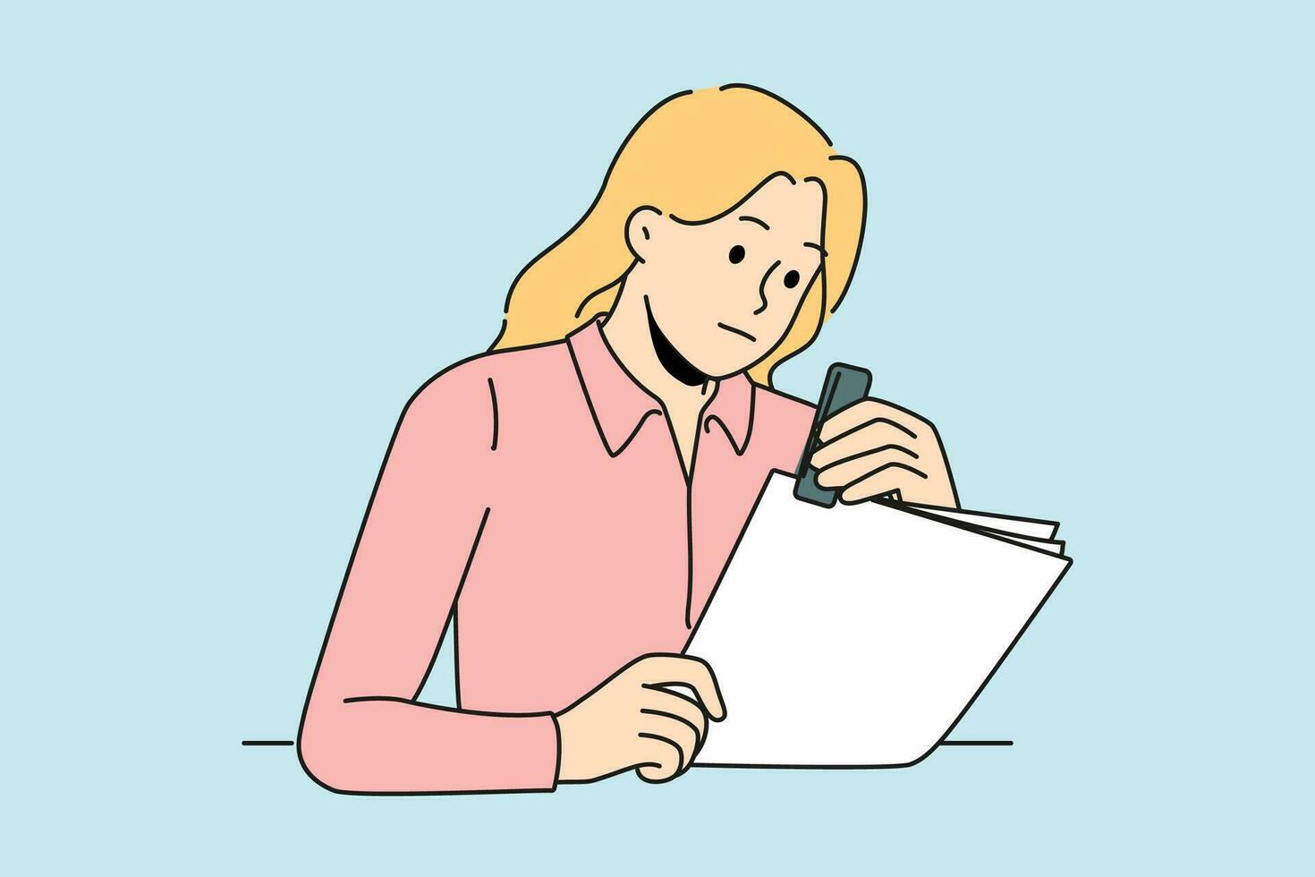 Focused female secretary stapling paperwork in office. Concentrated woman employee busy with organizing paper document at workplace. Vector illustration.