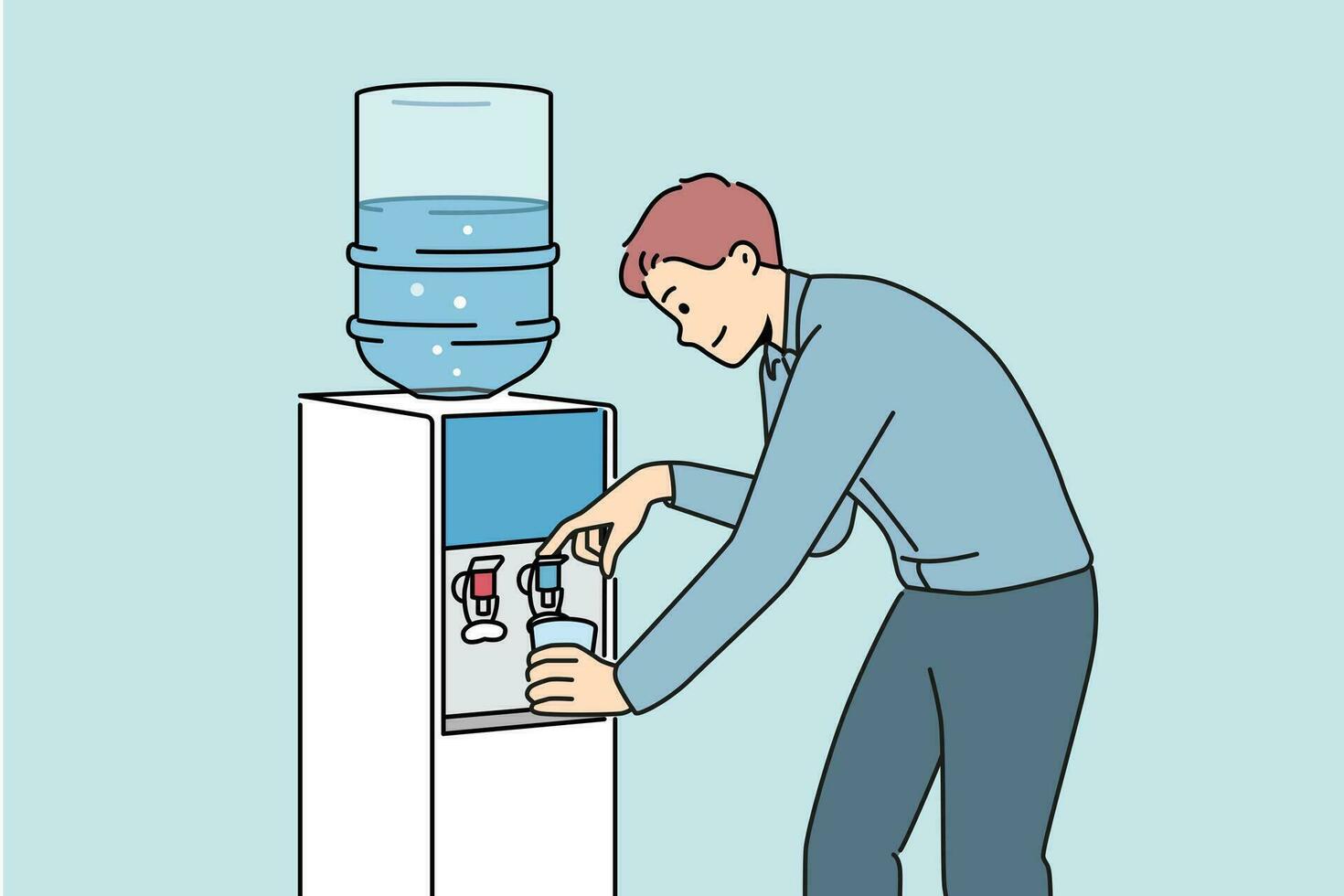 Smiling man get water in cooler in office. Male pour clean still aqua from dispenser at workplace. Vector illustration.