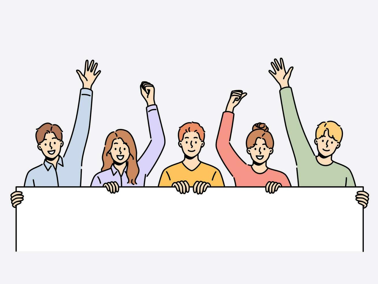 Smiling people holding mockup banner participate in demonstration or protest. Happy men and women with empty placard take part in rally. Volunteer and activist. Vector illustration.