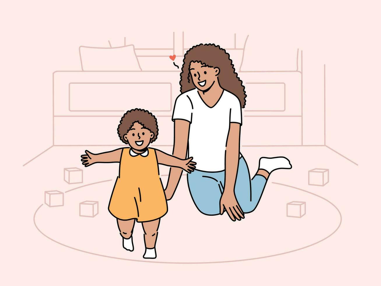 Smiling African American mother playing at home with child toddler. Happy black mom have fun enjoy day with cute little baby. Motherhood. Vector illustration.