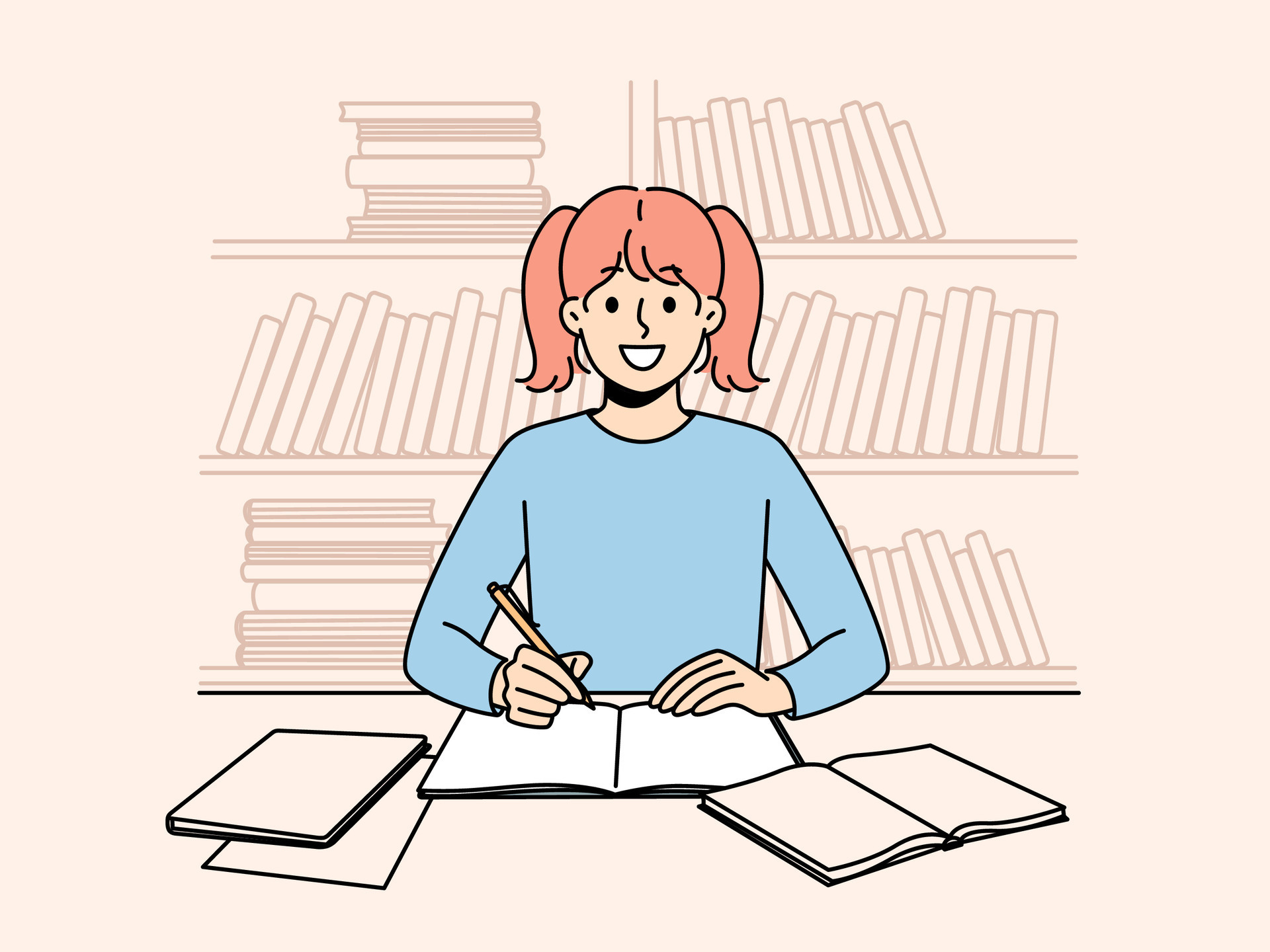 Smiling smart little girl sit at desk at home handwriting in exercise