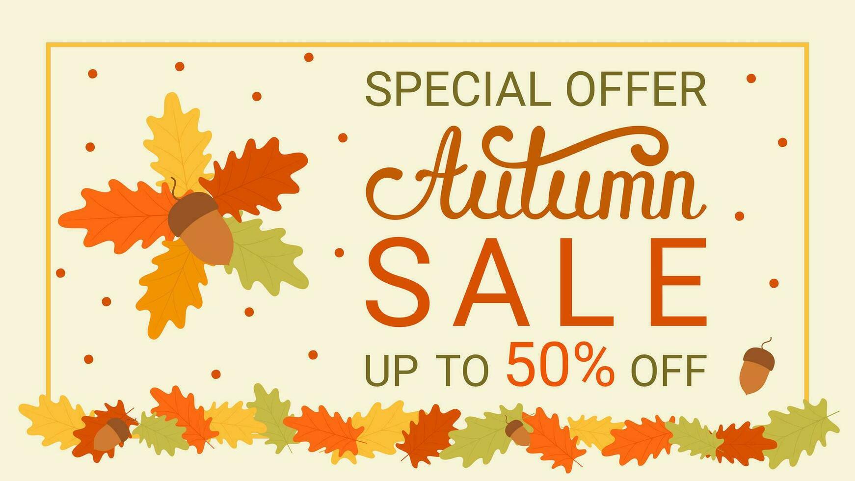 Text banners of the autumn sale for the September shopping promotion or the autumn discount in the store. Vector oak acorn with leaves for the design of a discount leaflet or a web banner.