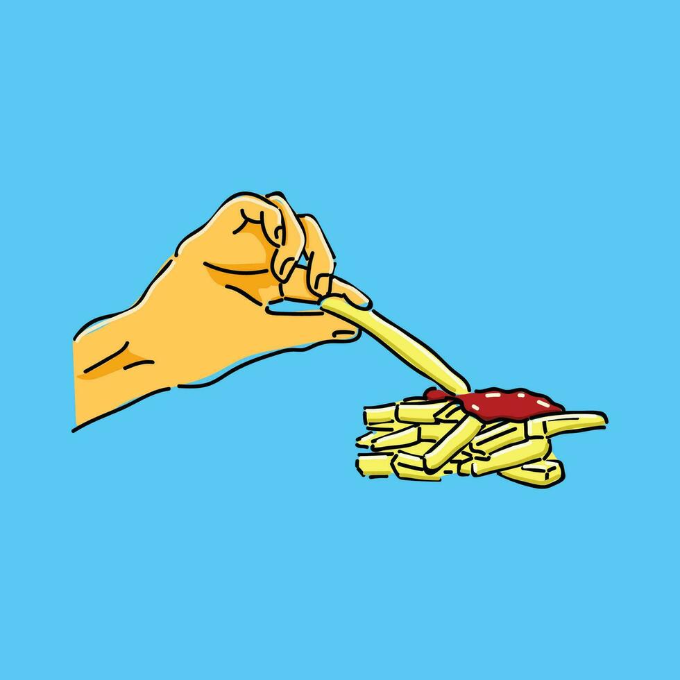 hand hold fries with tomato sauce illustration vector design